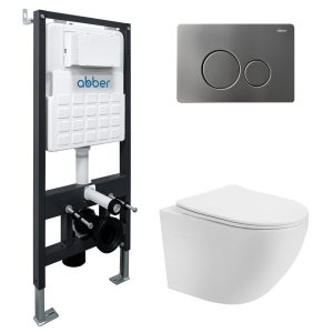 Комплект инсталляции Abber с унитазом Bequem с кнопкой никель и сиденьем микролифт (AC1100T-AC0105-AC0121NG)
