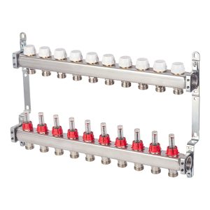 Коллекторная группа с расходомерами нержавеющая сталь Stout 1 ВР(г) х 10 выходов 3/4 НР(ш) ЕК х 1 ВР(г)