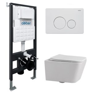 Комплект инсталляции Abber с унитазом Rechteck с кнопкой белой и сиденьем микролифт (AC1201-AC0105-AC0121MW)