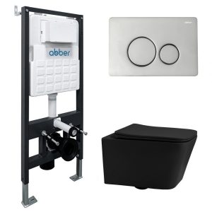 Комплект инсталляции Abber с унитазом Rechteck с кнопкой хром и сиденьем микролифт (AC1201MB-AC0105-AC0121)