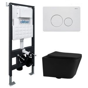 Комплект инсталляции Abber с унитазом Rechteck с кнопкой белой и сиденьем микролифт (AC1201MB-AC0105-AC0121MW)