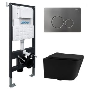 Комплект инсталляции Abber с унитазом Rechteck с кнопкой никель и сиденьем микролифт (AC1201MB-AC0105-AC0121NG)
