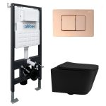 Комплект инсталляции Abber с унитазом Rechteck с кнопкой розовое золото и сиденьем микролифт (AC1201MB-AC0105-AC0120RG)