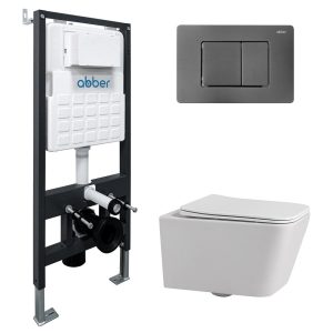 Комплект инсталляции Abber с унитазом Rechteck с кнопкой никель и сиденьем микролифт (AC1201-AC0105-AC0120NG)